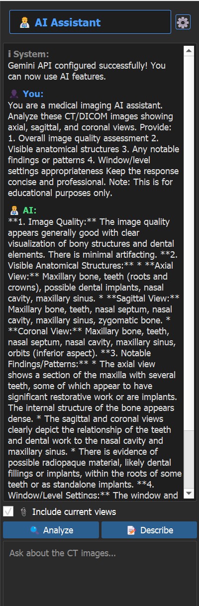 AI Chat Panel showing medical image analysis with intelligent suggestions